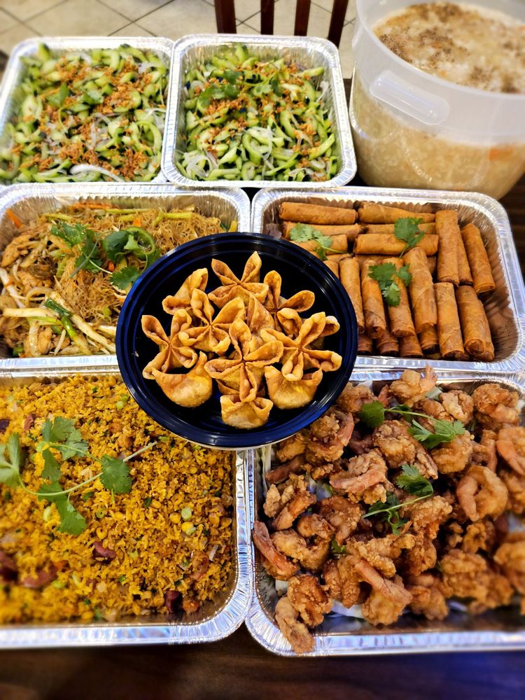 PhoWok Oak Hill catering platters with crab rangoon, fried rice, spring rolls and fried shrimp